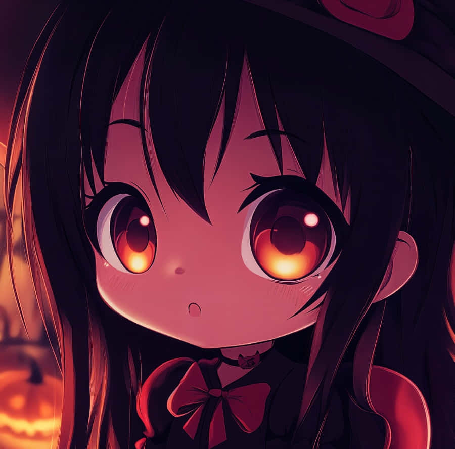 chibi anime girl, glowing orange eyes, witch hat, SD Desktop Wallpaper