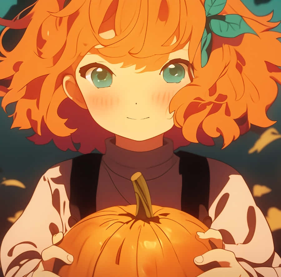 Cute Halloween Anime Girl, fiery orange hair, green eyes, SD Desktop Wallpaper