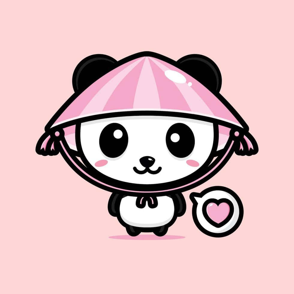 Girly Cute Panda, pink conical hat, heart-shaped speech bubble, SD Desktop Wallpaper