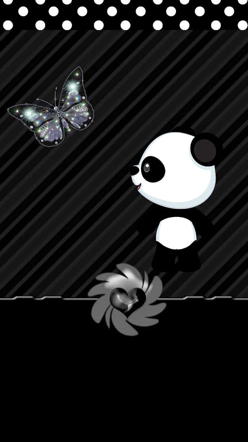 Girly Cute Panda, dark butterfly, black and white striped background, HD Phone Wallpaper
