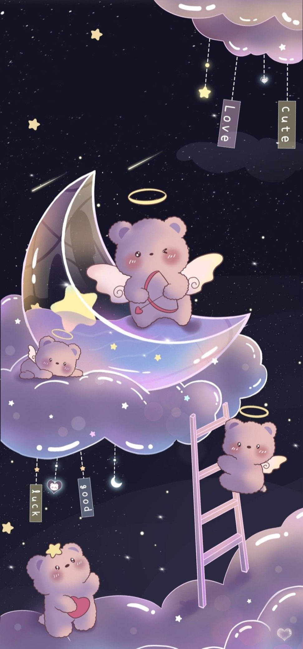 Girly Galaxy, cartoon bears with wings, crescent moon, Full HD Phone Wallpaper
