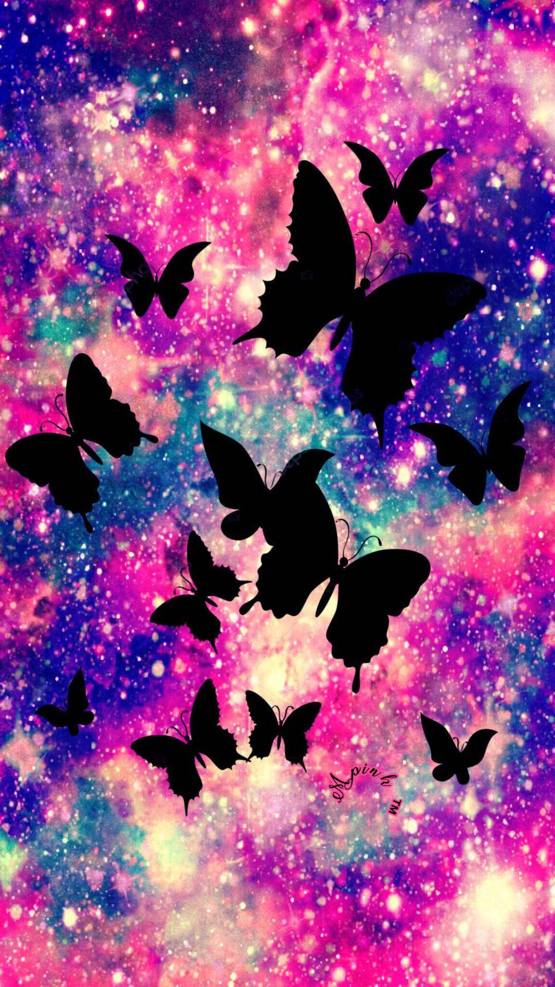 Girly Galaxy, butterfly silhouettes, cosmic nebula, Full HD Phone Wallpaper