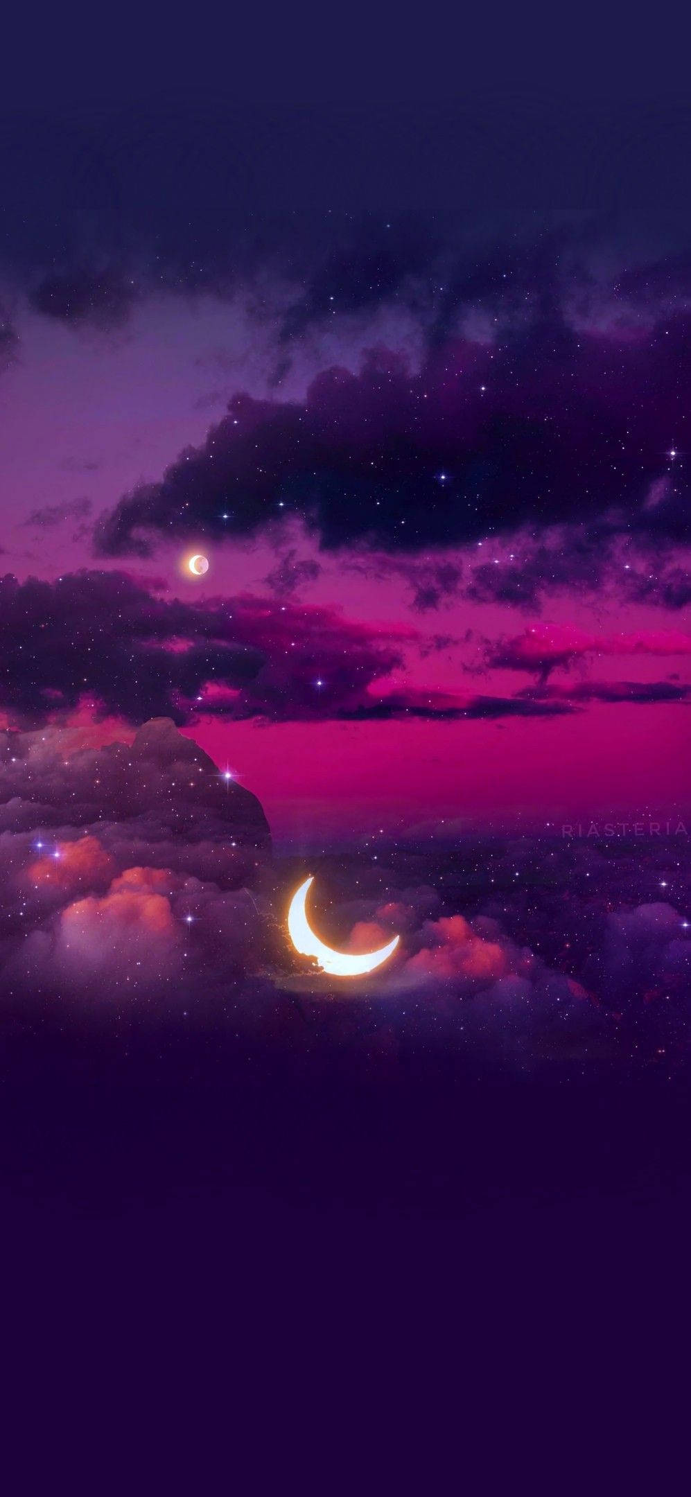 Girly Galaxy, crescent moon, pink and purple clouds, Full HD Phone Wallpaper