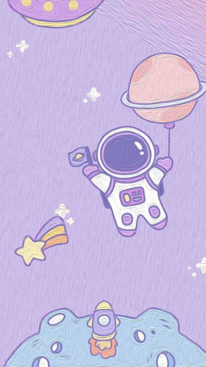 Girly Galaxy, cute astronaut, purple sky, SD Phone Wallpaper