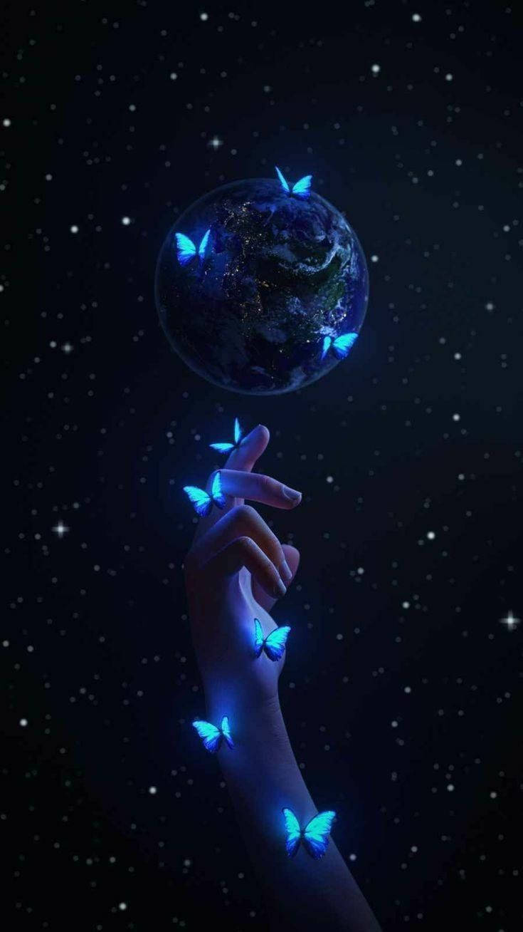 Girly Galaxy, glowing blue Earth orb, luminous butterflies, HD Phone Wallpaper