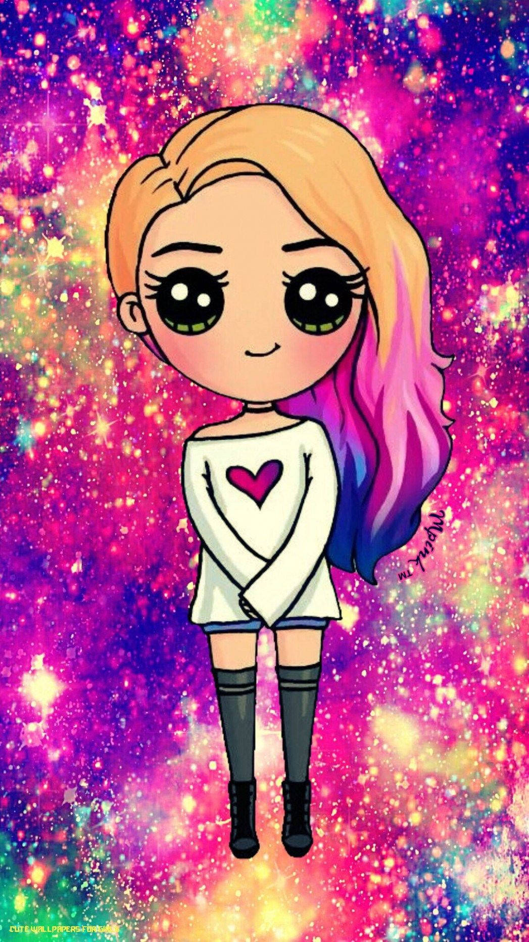 Girly Galaxy, chibi anime girl, rainbow hair, HD Phone Wallpaper