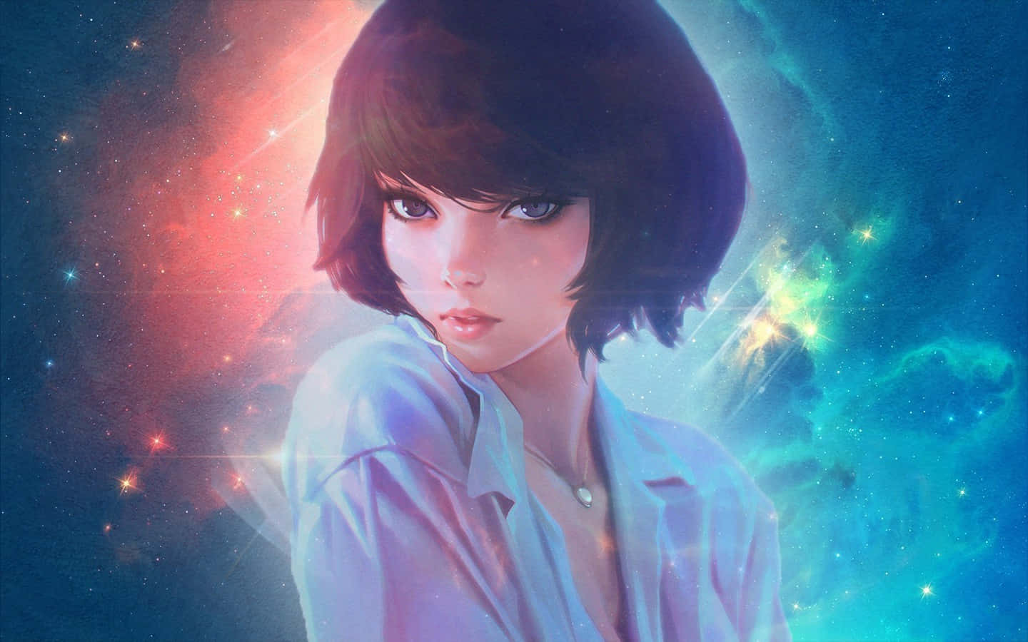 Galaxy Anime Lovely Girl, cosmic backdrop, glowing nebulae, HD Desktop Wallpaper