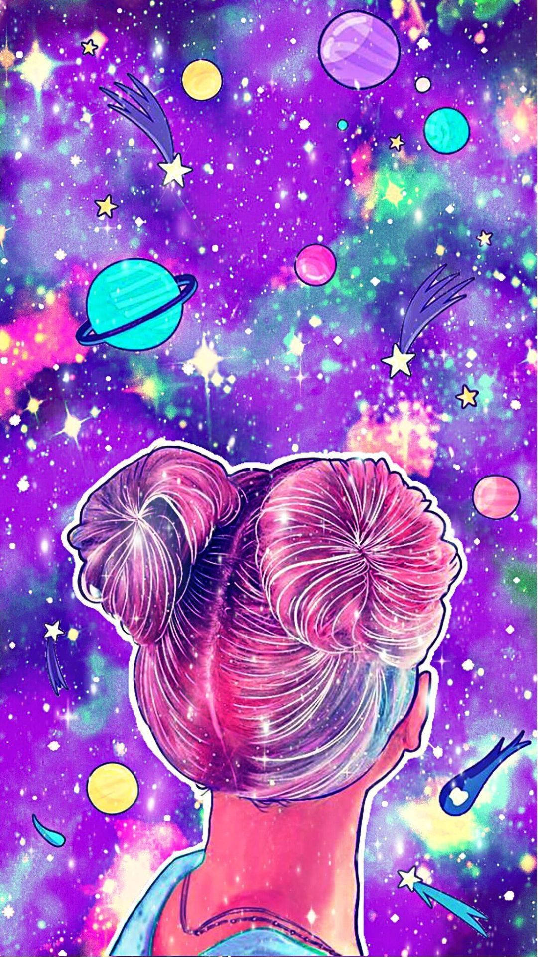 pink hair, buns, vibrant cosmic sky, Full HD Phone Wallpaper