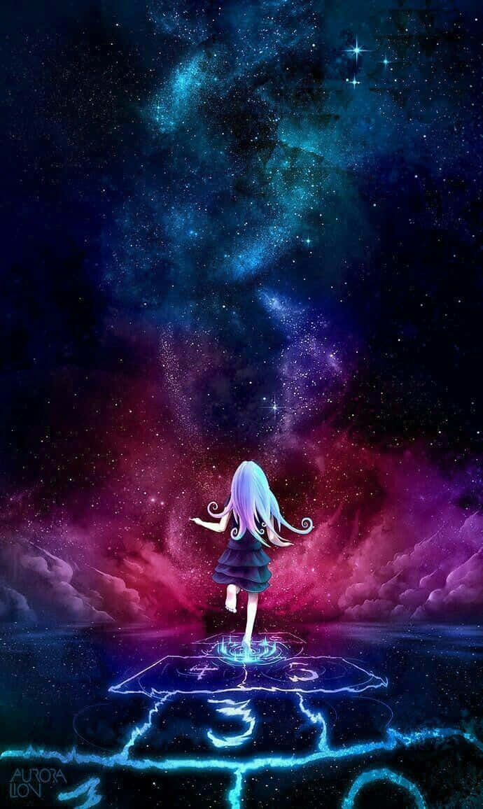 Galaxy Anime Neon Square, blue hair, glowing runes, SD Phone Wallpaper