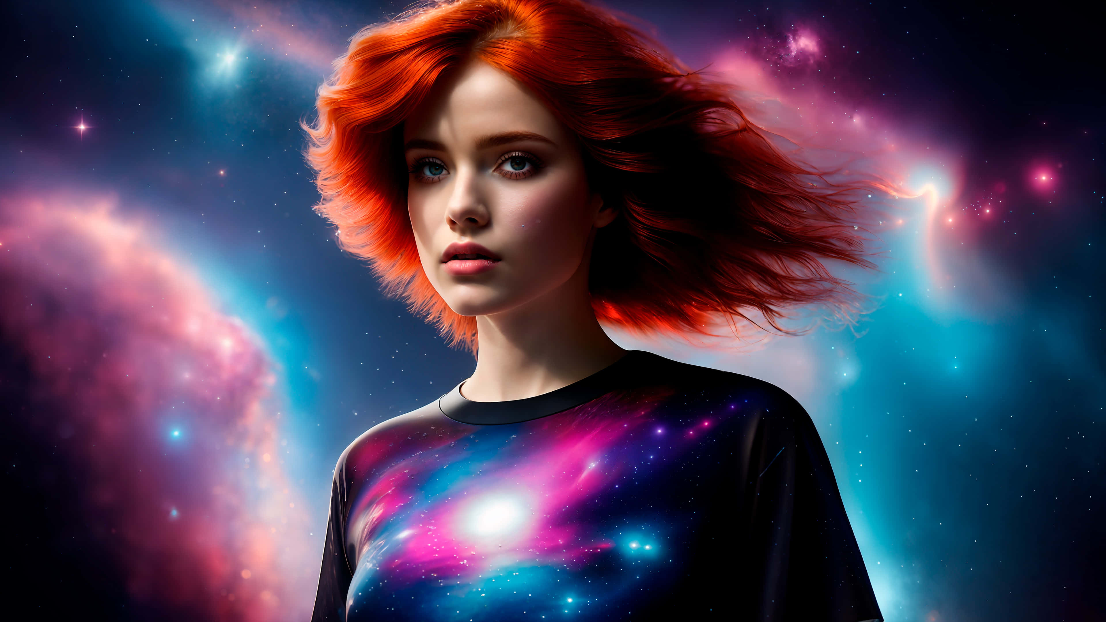 cosmic redhead teenager, fiery red hair, swirling cosmic nebula, 4K Desktop Wallpaper