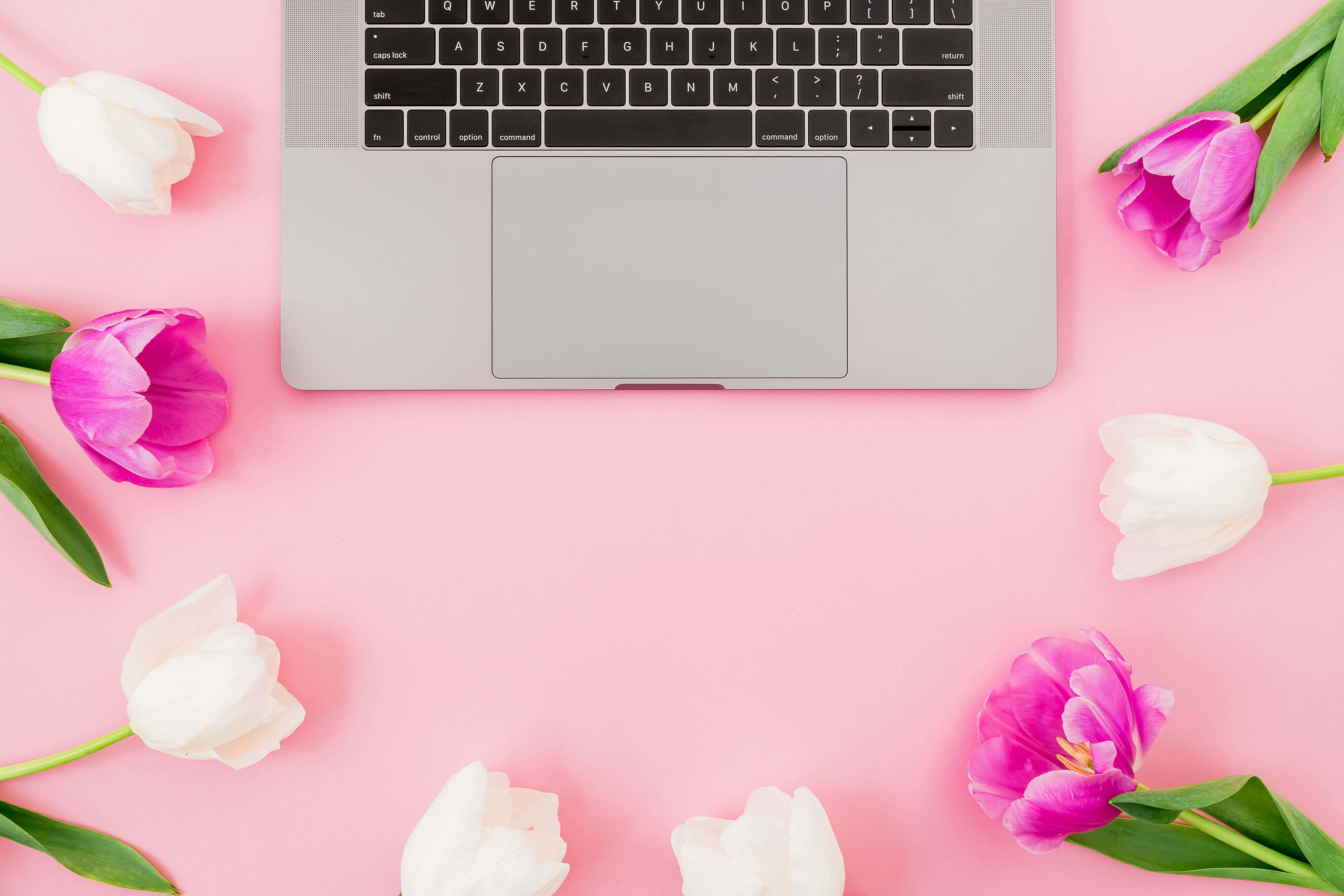 girly laptop, pink tulips, silver laptop keyboard, 5K Desktop Wallpaper
