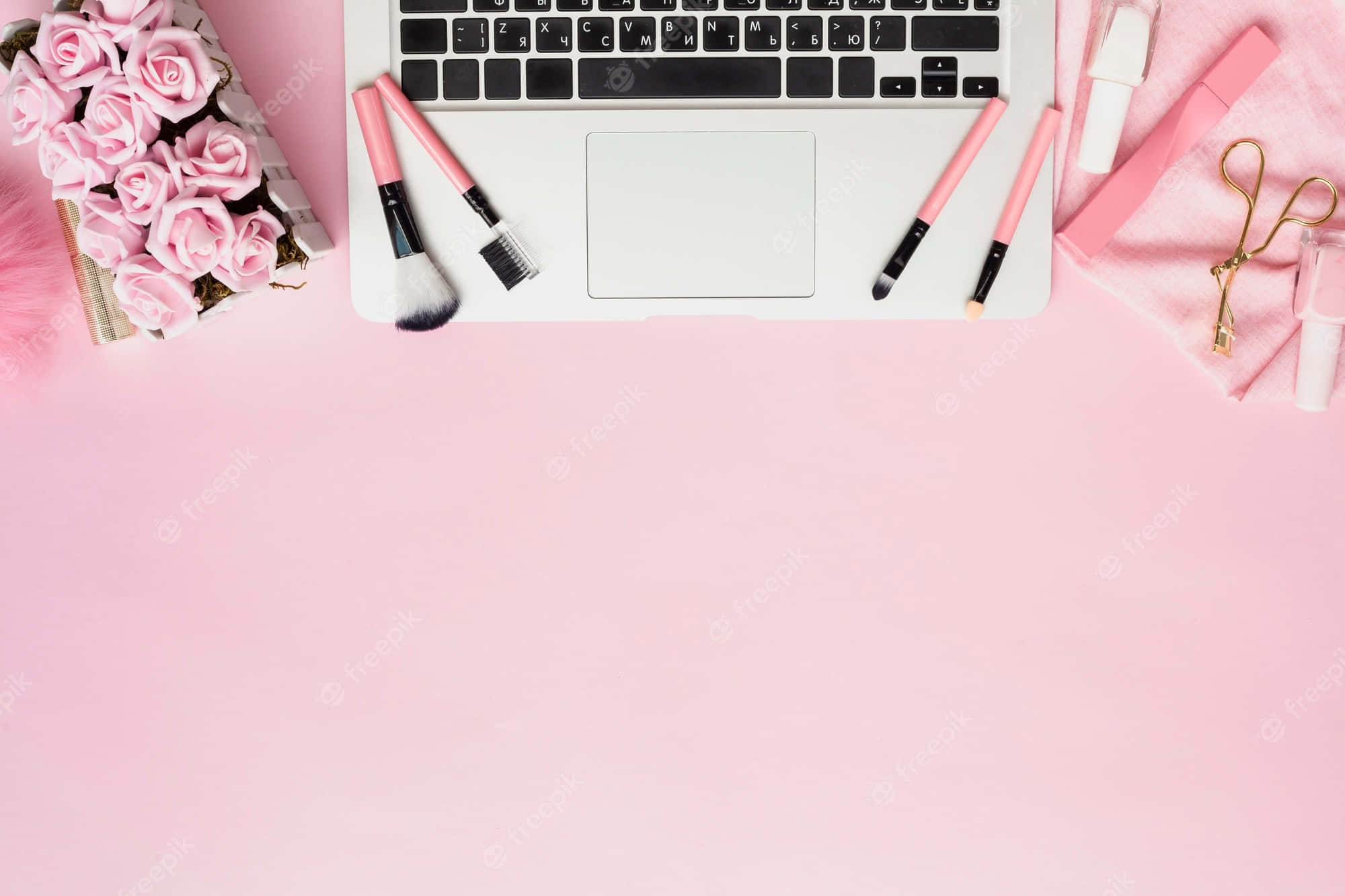 pink laptop, makeup brushes, roses, Full HD Desktop Wallpaper