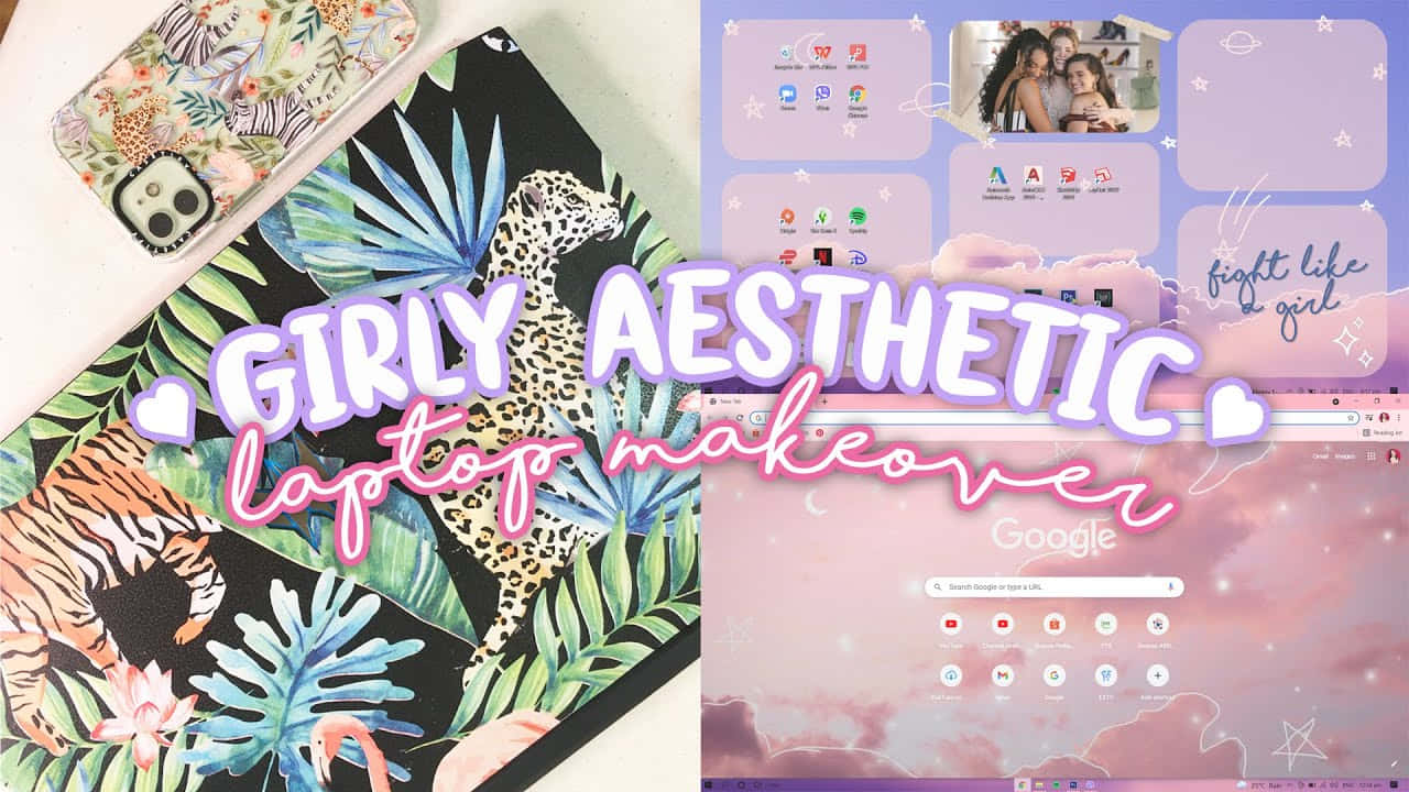 girly laptop, jungle animals, tropical leaves, HD Desktop Wallpaper