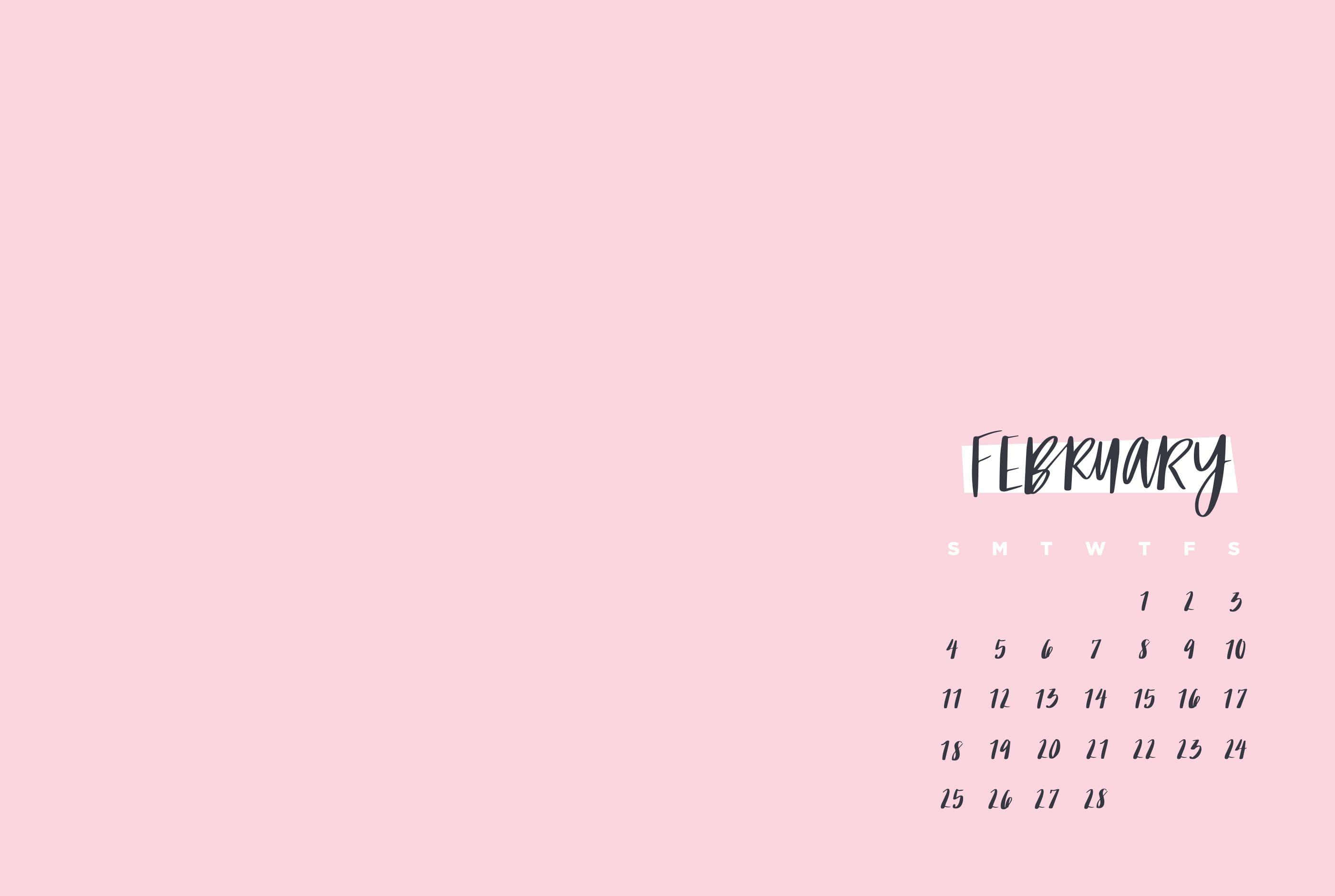 February calendar, elegant script, soft pink background, 2K Desktop Wallpaper