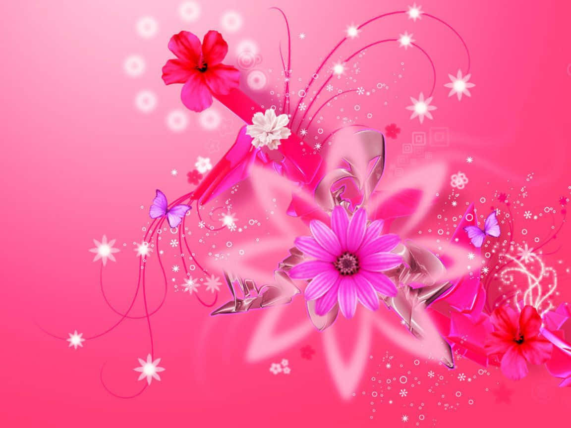 Girly Laptop, vibrant pink flowers, butterflies, SD Desktop Wallpaper