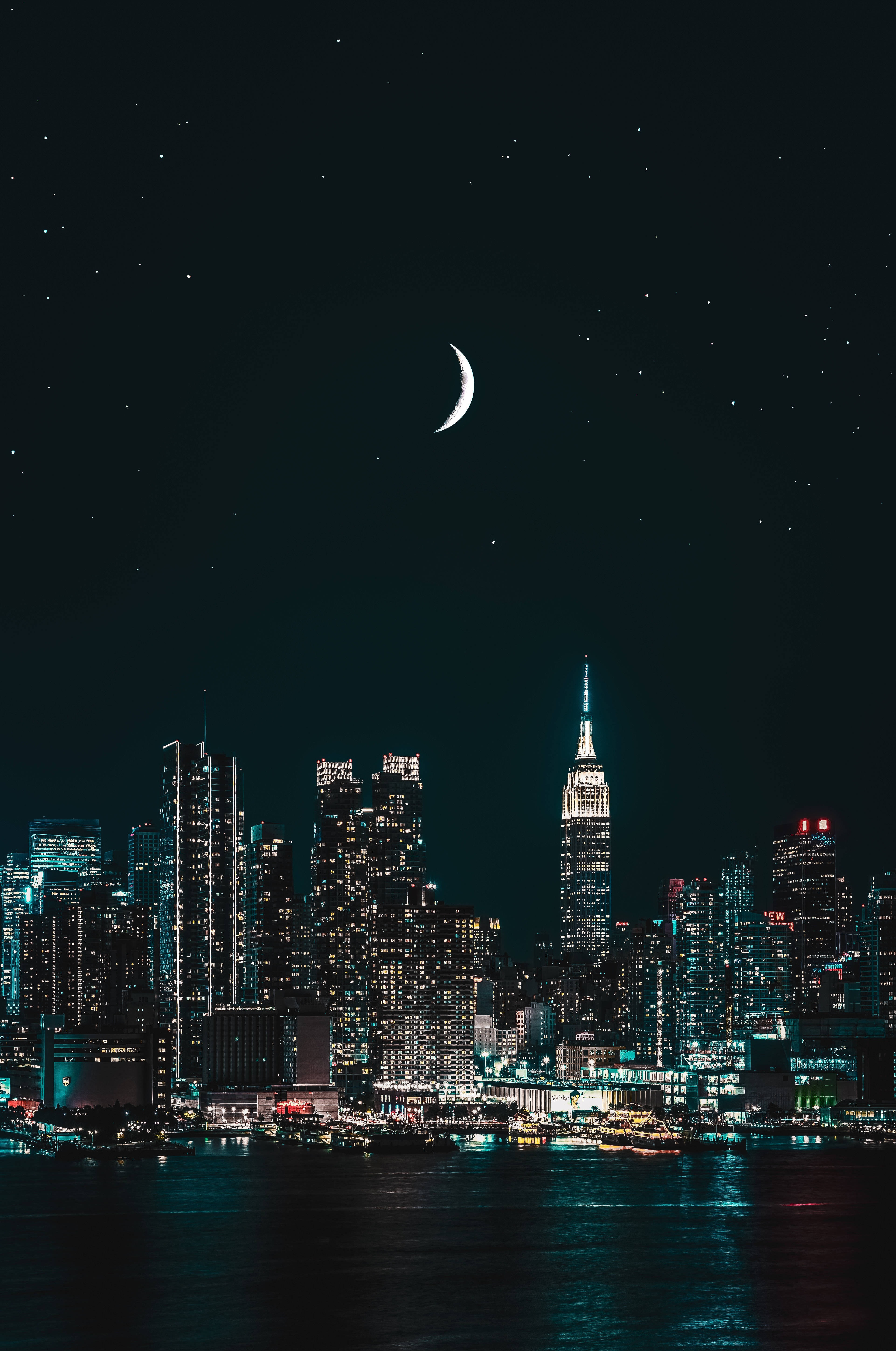 crescent moon, glittering New York City skyline, night, 5K Phone Wallpaper