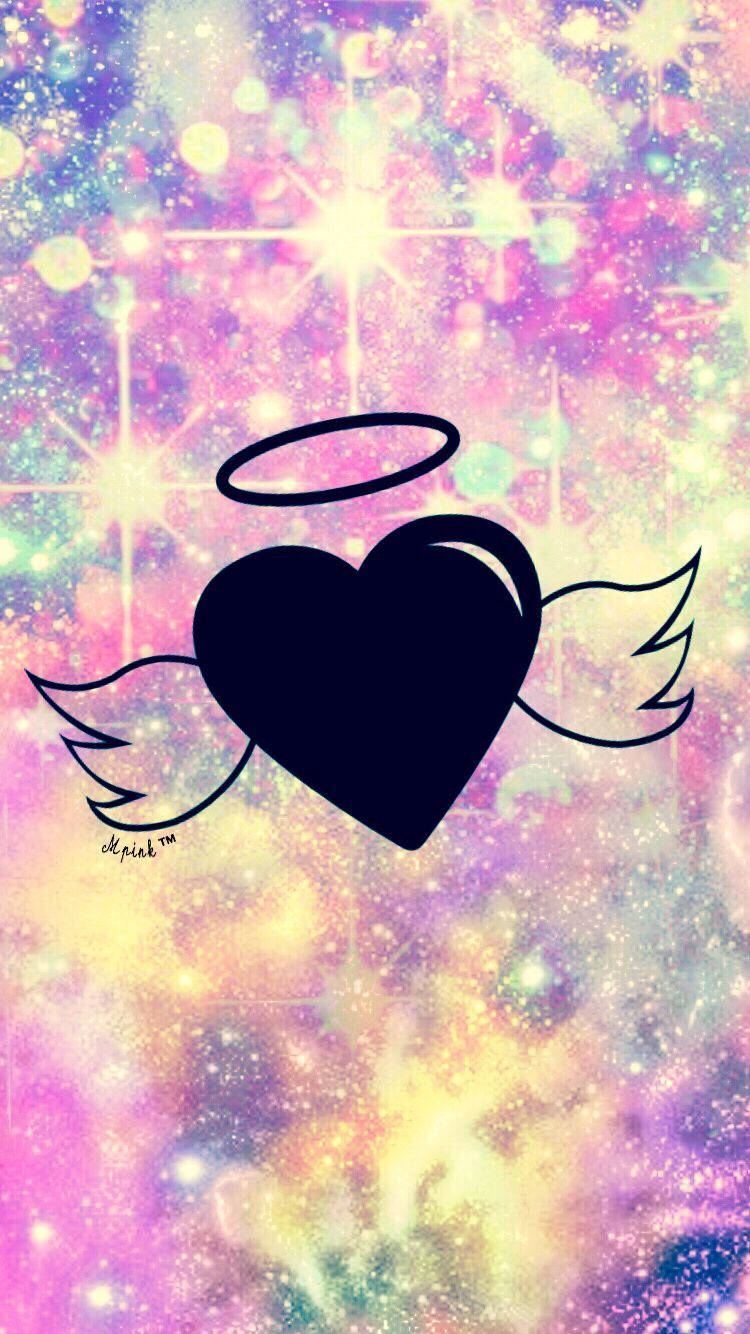 girly lock screen iphone, black heart with wings and halo, sparkling cosmic background, HD Phone Wallpaper