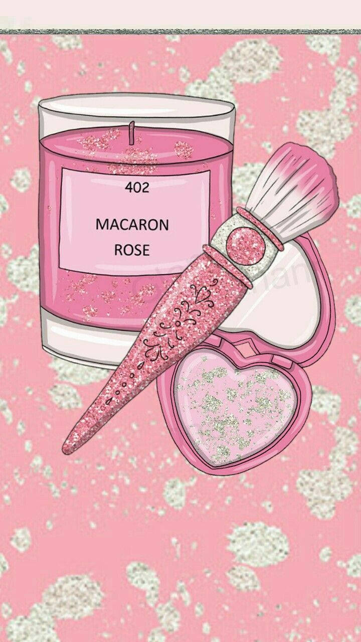 macaron rose, heart-shaped glitter compact, matching brush, HD Phone Wallpaper