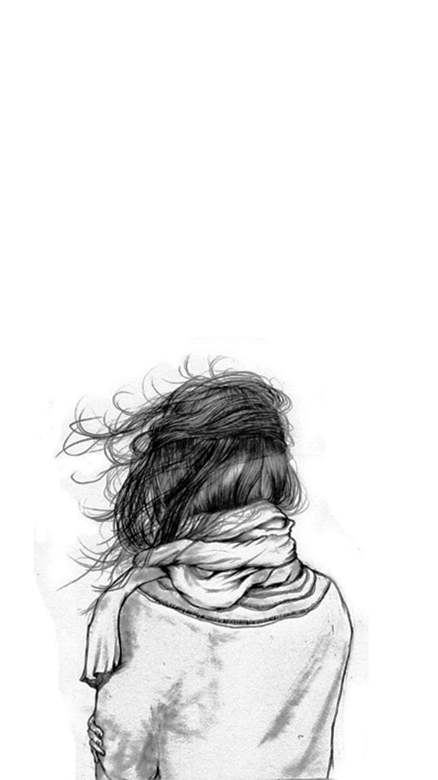girly lock screen, monochrome sketch, person seen from behind, 2K Phone Wallpaper