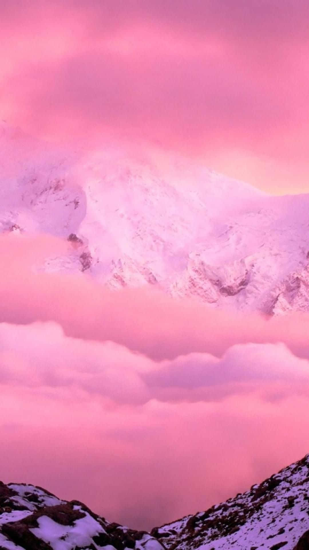pink sky, clouds, snow covered mountain, Full HD Phone Wallpaper
