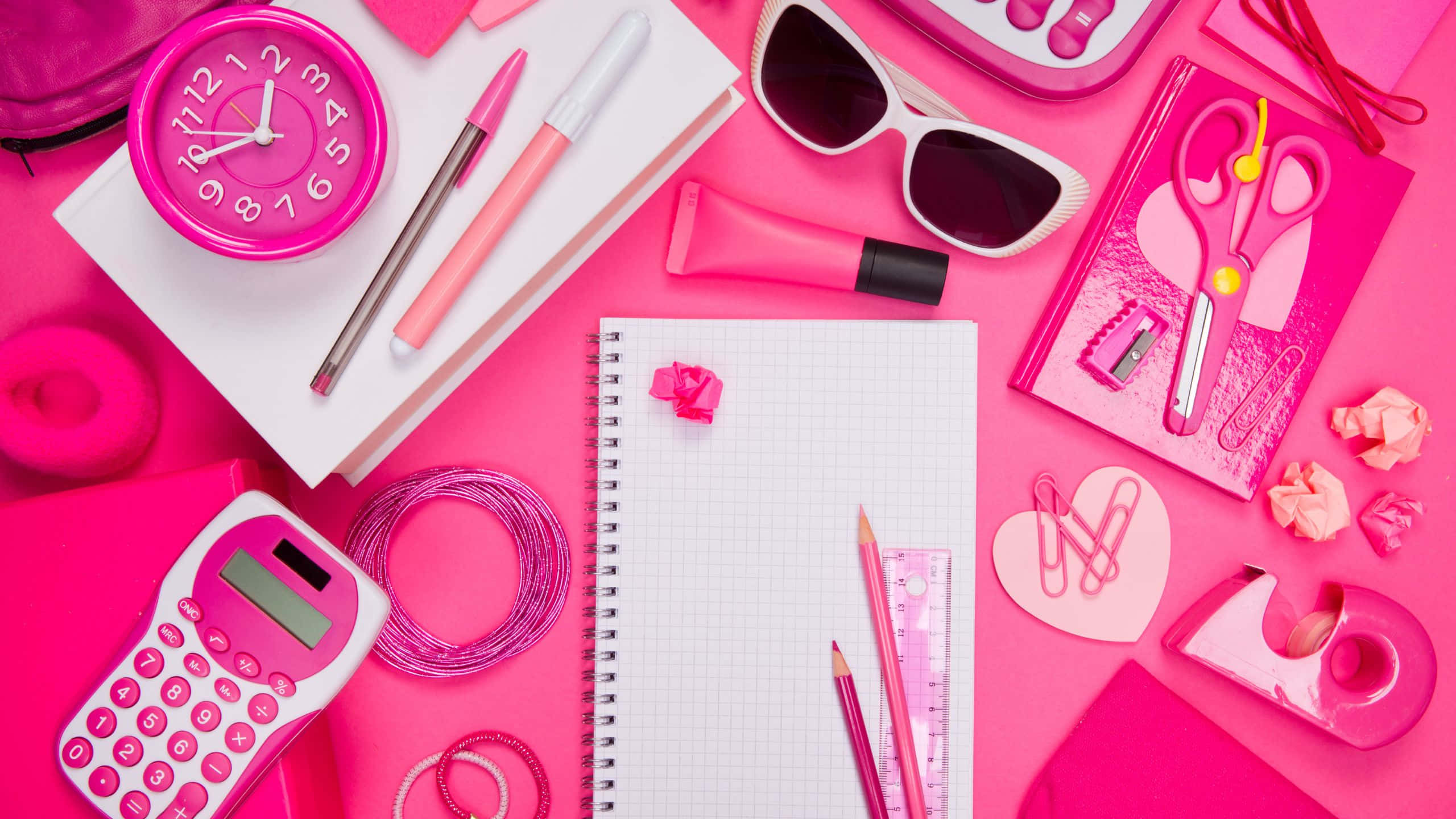 vibrant pink desk, school supplies, accessories, 2K Desktop Wallpaper
