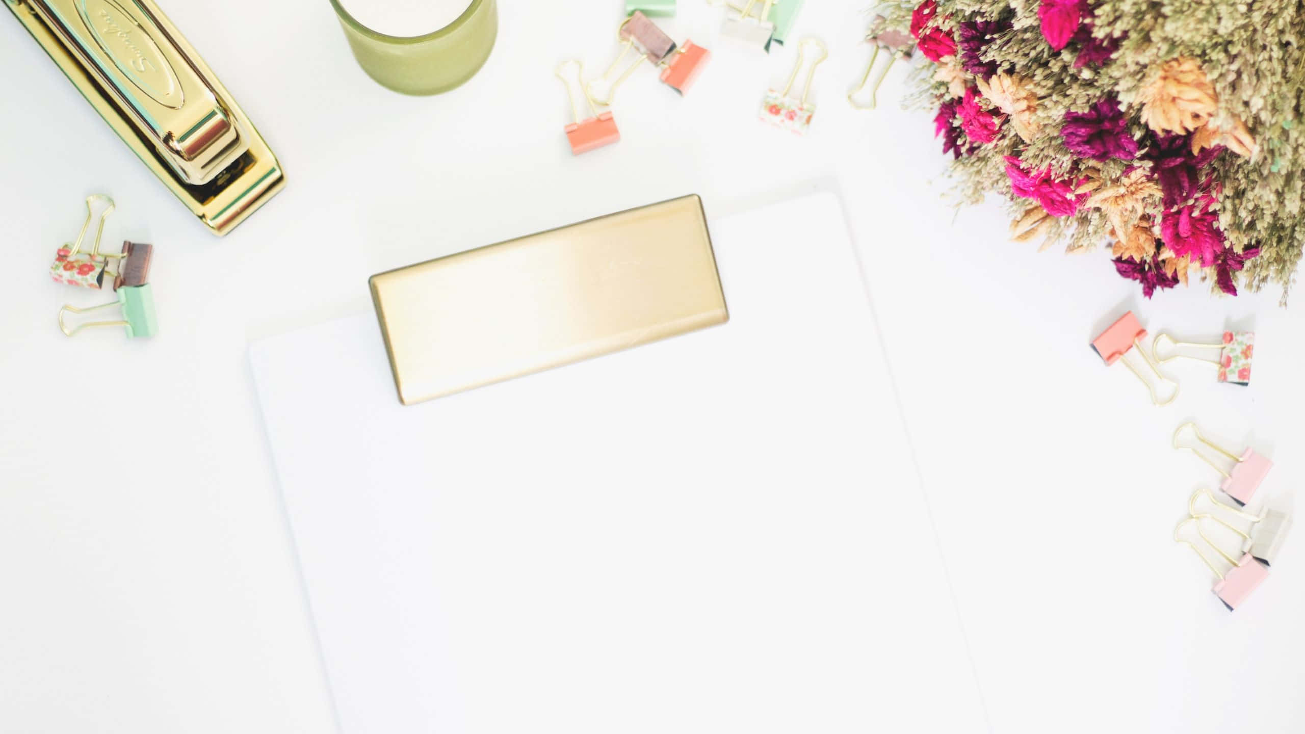 Girly Desktop, white desk, gold clipboard, 2K Desktop Wallpaper