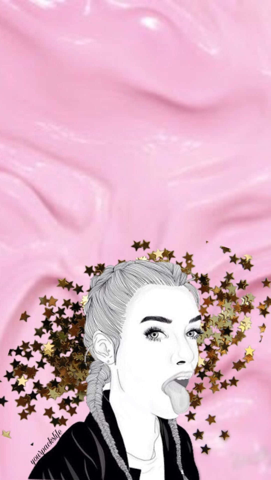 glossy pink background, gold stars, braided hair, Full HD Phone Wallpaper