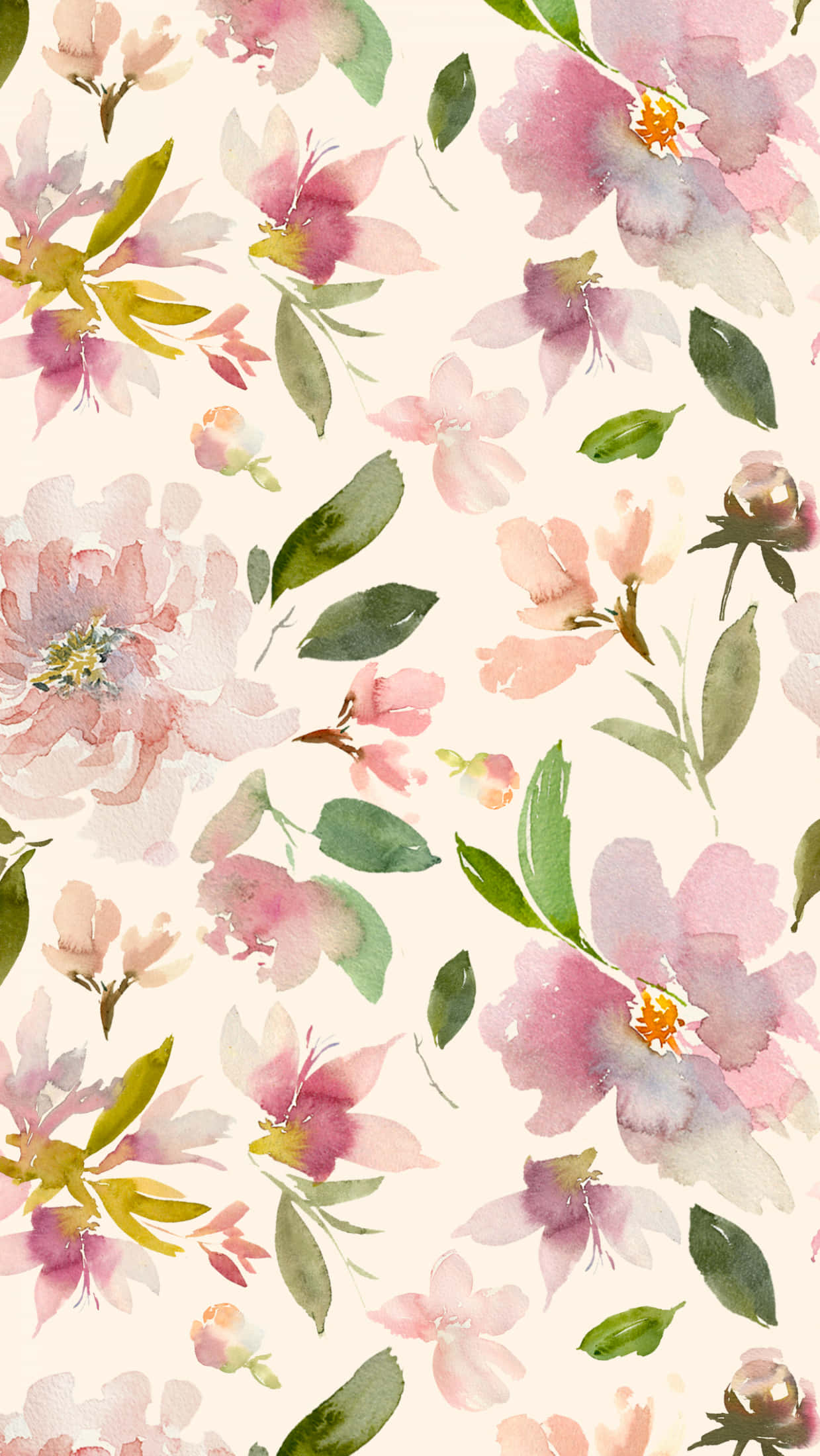watercolor floral pattern, beige background, pink and green flowers, Full HD Phone Wallpaper