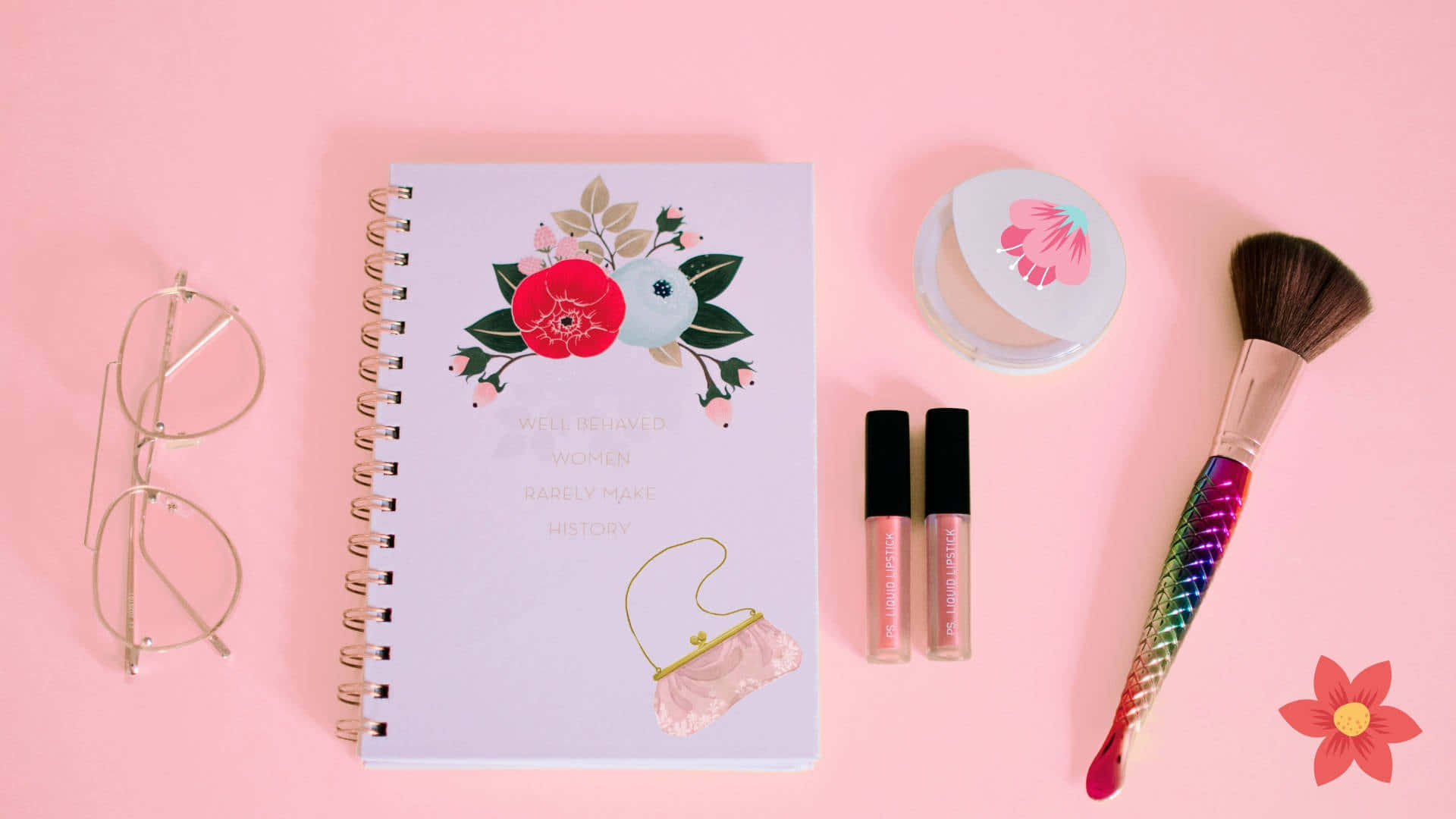 floral notebook, glasses, lip gloss, Full HD Desktop Wallpaper