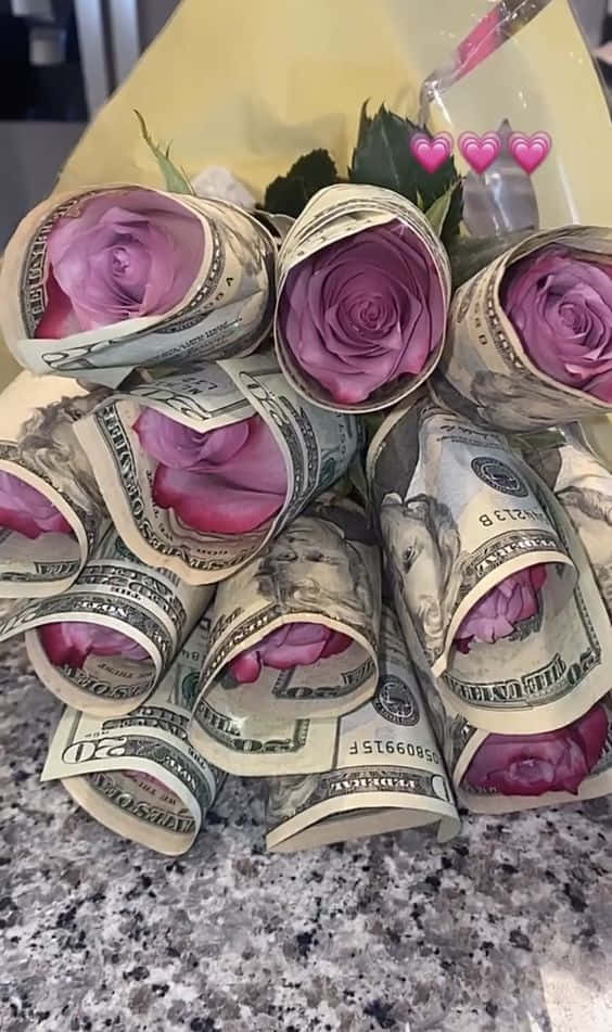 Girly Money, pink roses, rolled dollar bills, SD Phone Wallpaper