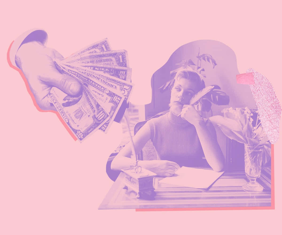 pink and purple tinted collage background, giant hand, fanned-out dollar bills, SD Desktop Wallpaper