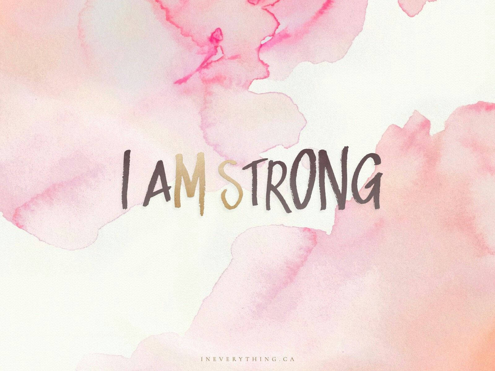 I AM STRONG, black and gold letters, soft pink watercolor background, HD Desktop Wallpaper