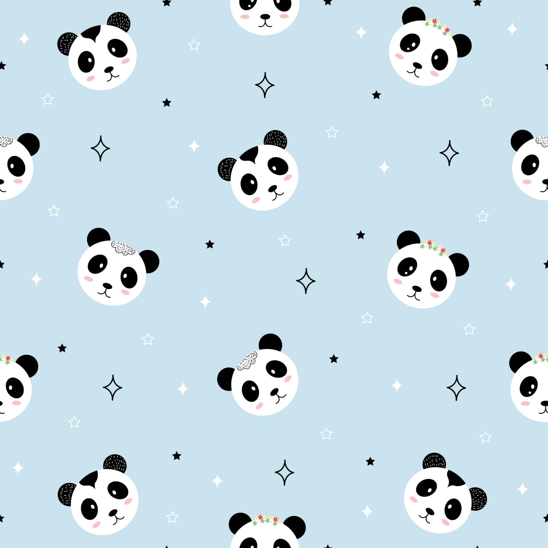 Girly Panda, floral crowns, soft blue background, Full HD Desktop Wallpaper