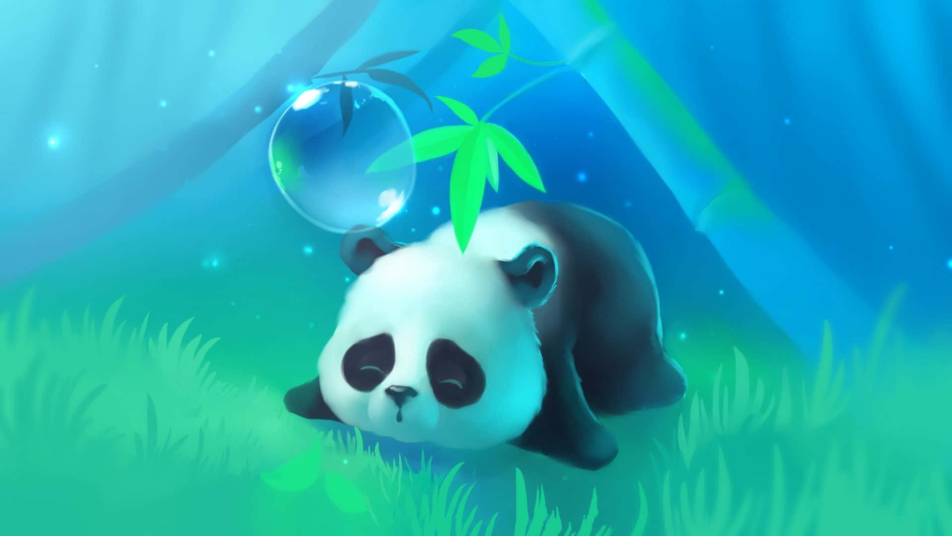 Girly Panda, glowing green grass, blue sky, Full HD Desktop Wallpaper