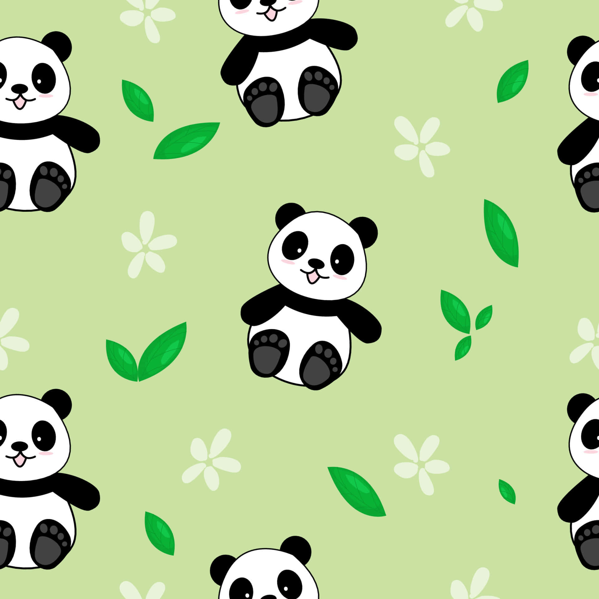 Girly Panda, pink cheeks, green leaves, Full HD Desktop Wallpaper