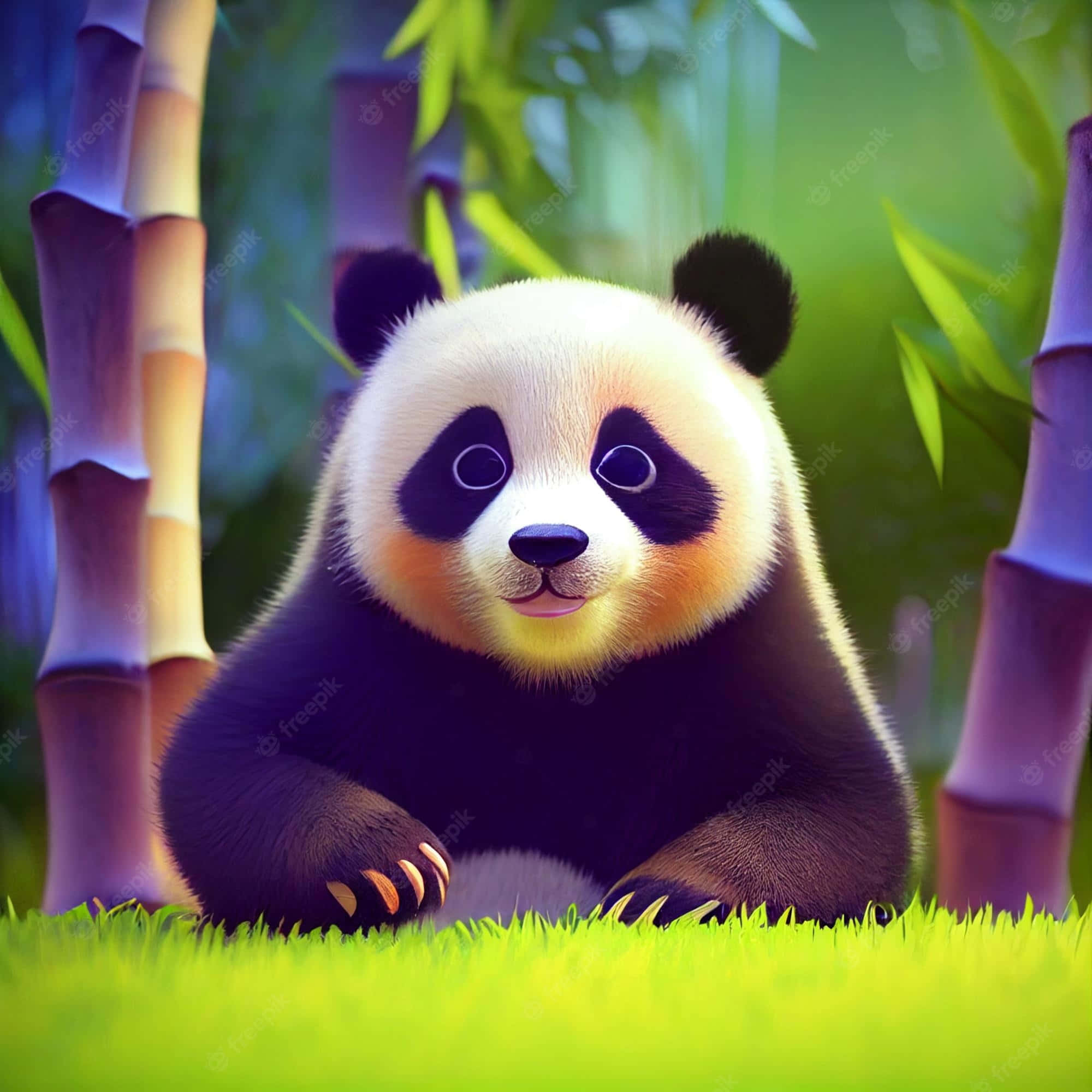 Girly Panda, vibrant green grass, tall bamboo stalks, Full HD Desktop Wallpaper