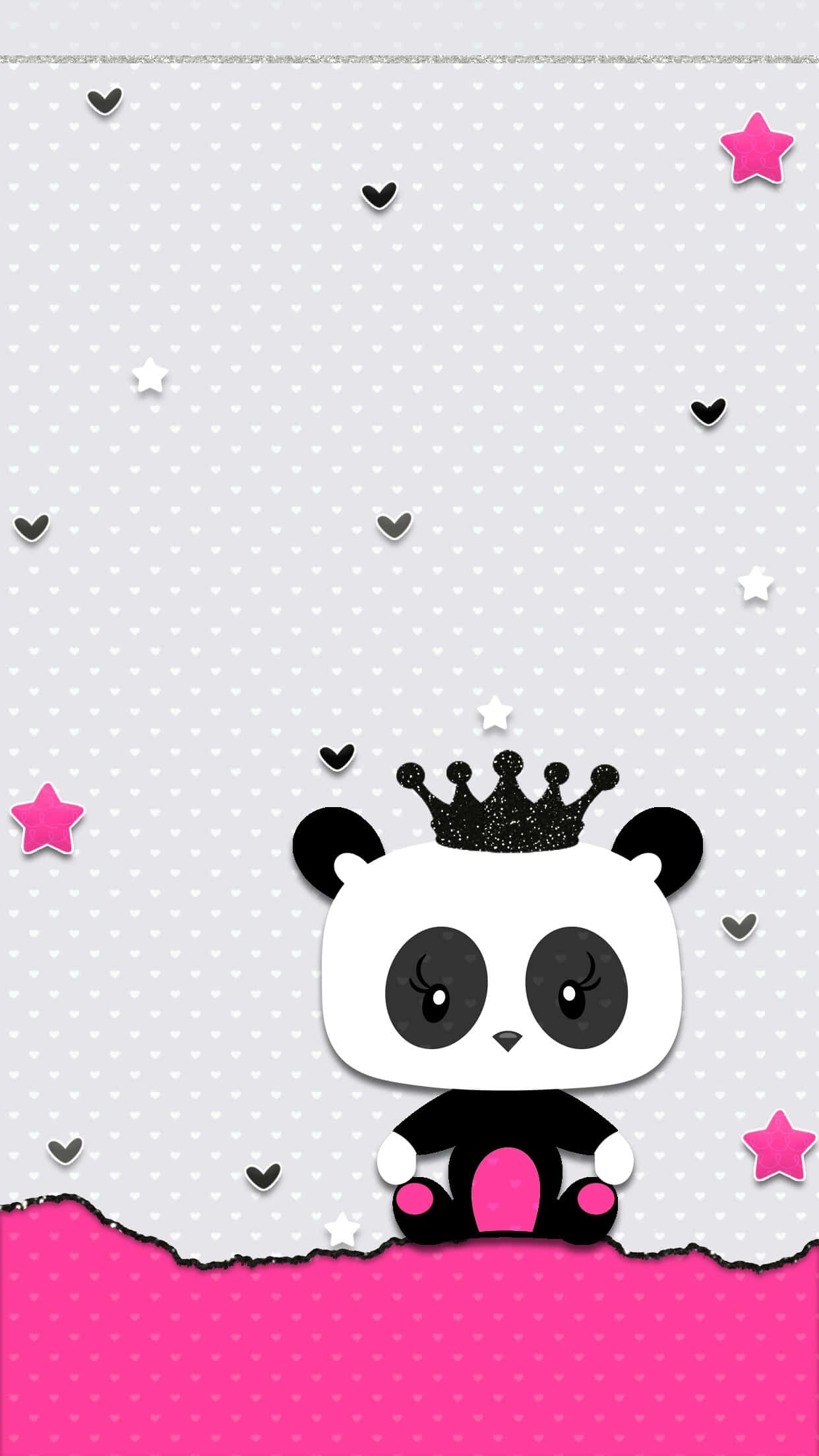 Girly Panda, glittery crown, pink and white polka dot background, Full HD Phone Wallpaper