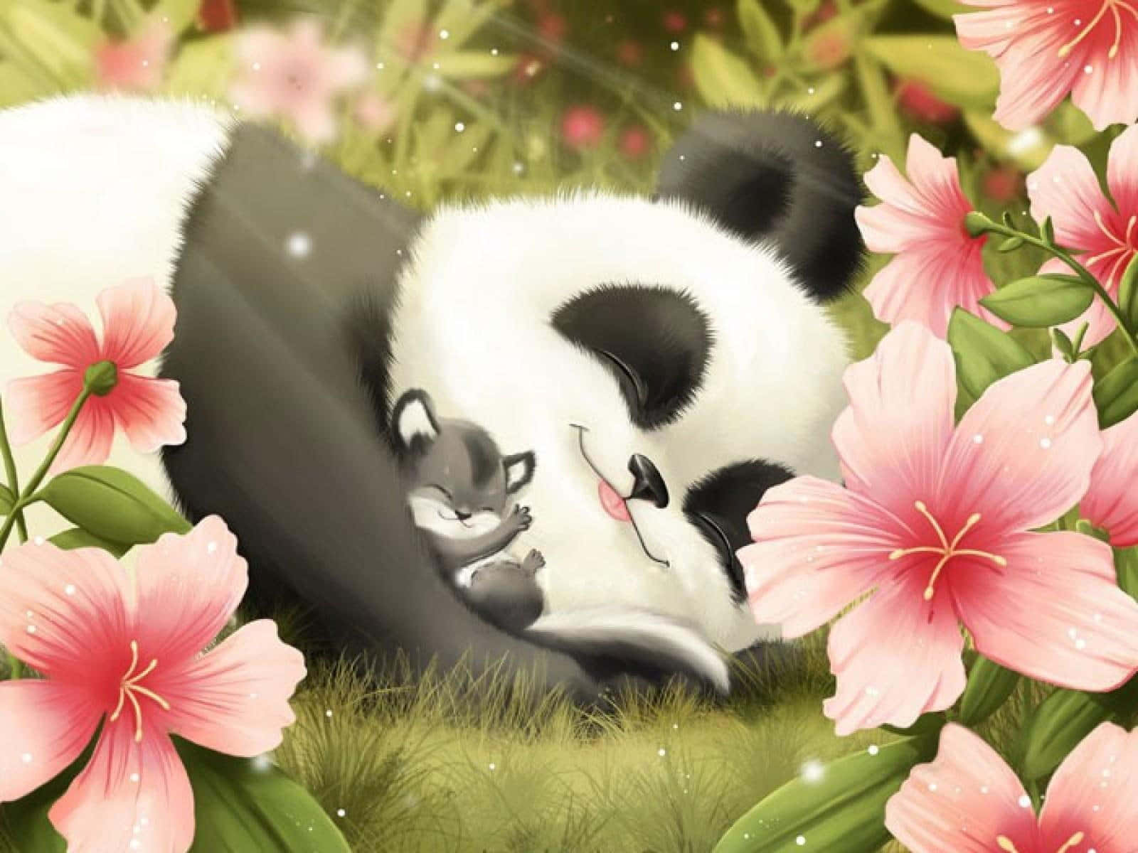 Girly Cute Panda, tiny fox, blooming pink flowers, HD Desktop Wallpaper