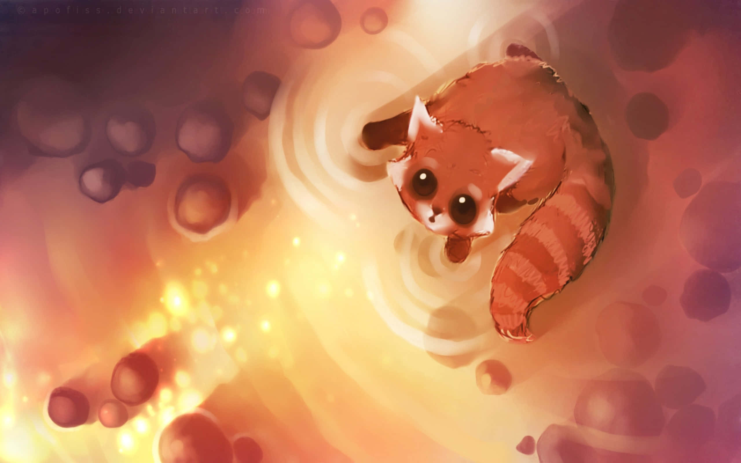 red panda, vortex of swirling light, floating orbs, 2K Desktop Wallpaper