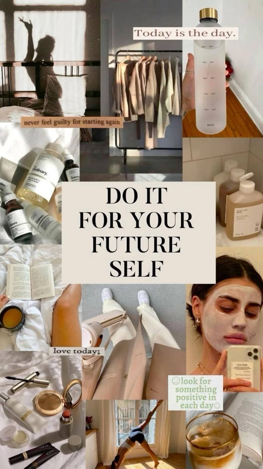 That Girl Aesthetic, skincare products, yoga poses, Full HD Phone Wallpaper