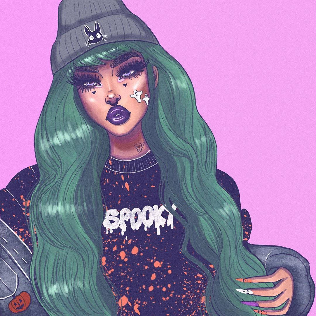 green haired baddie cartoon girl, beanie, spooki shirt, SD Desktop Wallpaper