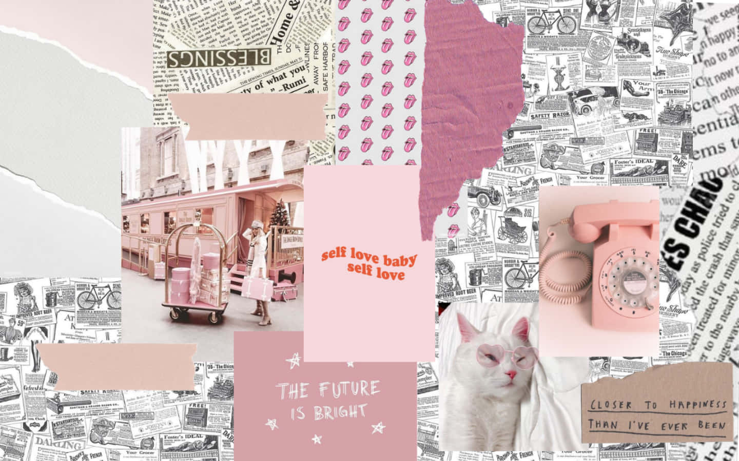 Aesthetic Pink Collage, cat, rotary phone, HD Desktop Wallpaper