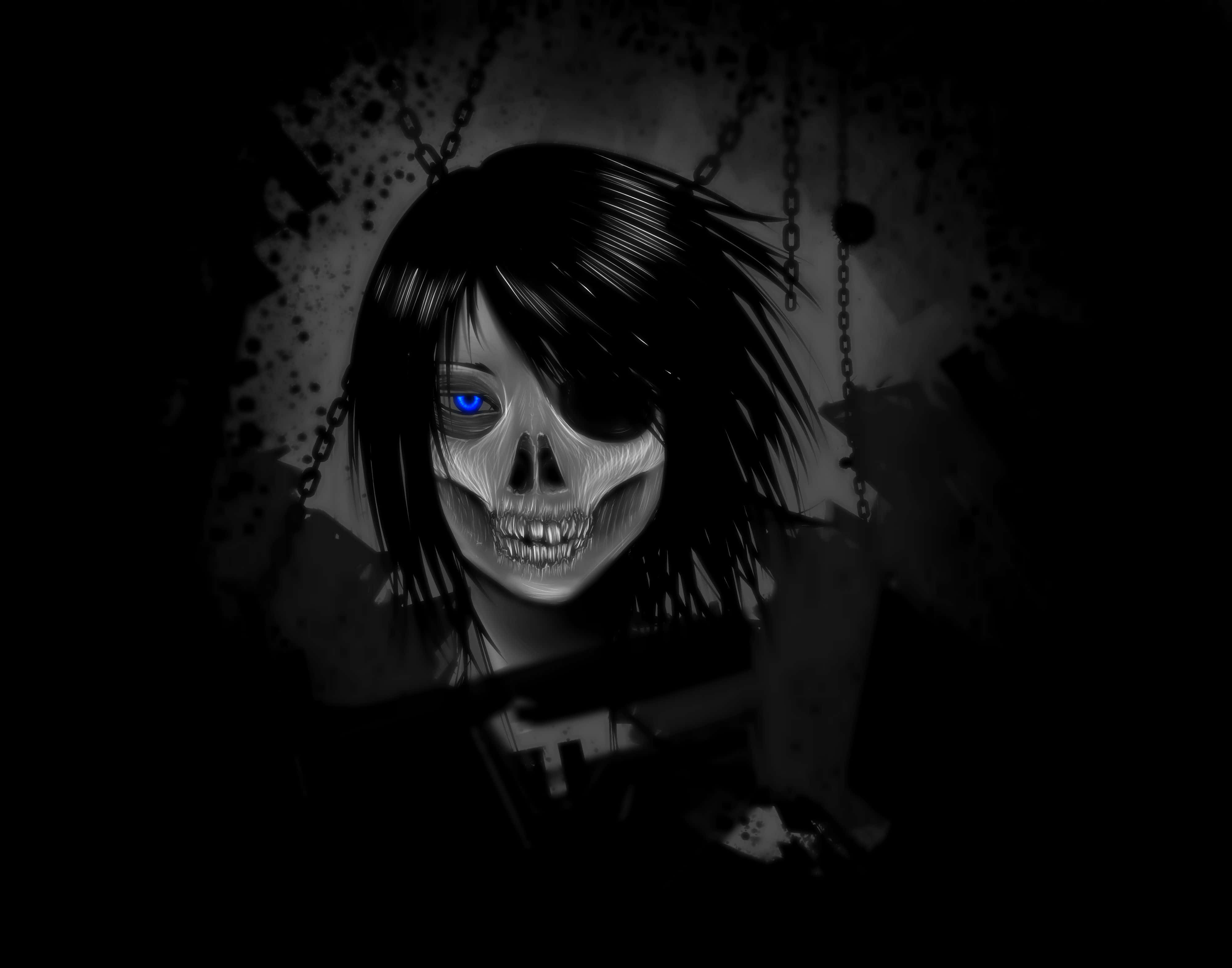 Girly Skull, anime-style skull-faced girl, glowing blue eye, 4K Desktop Wallpaper