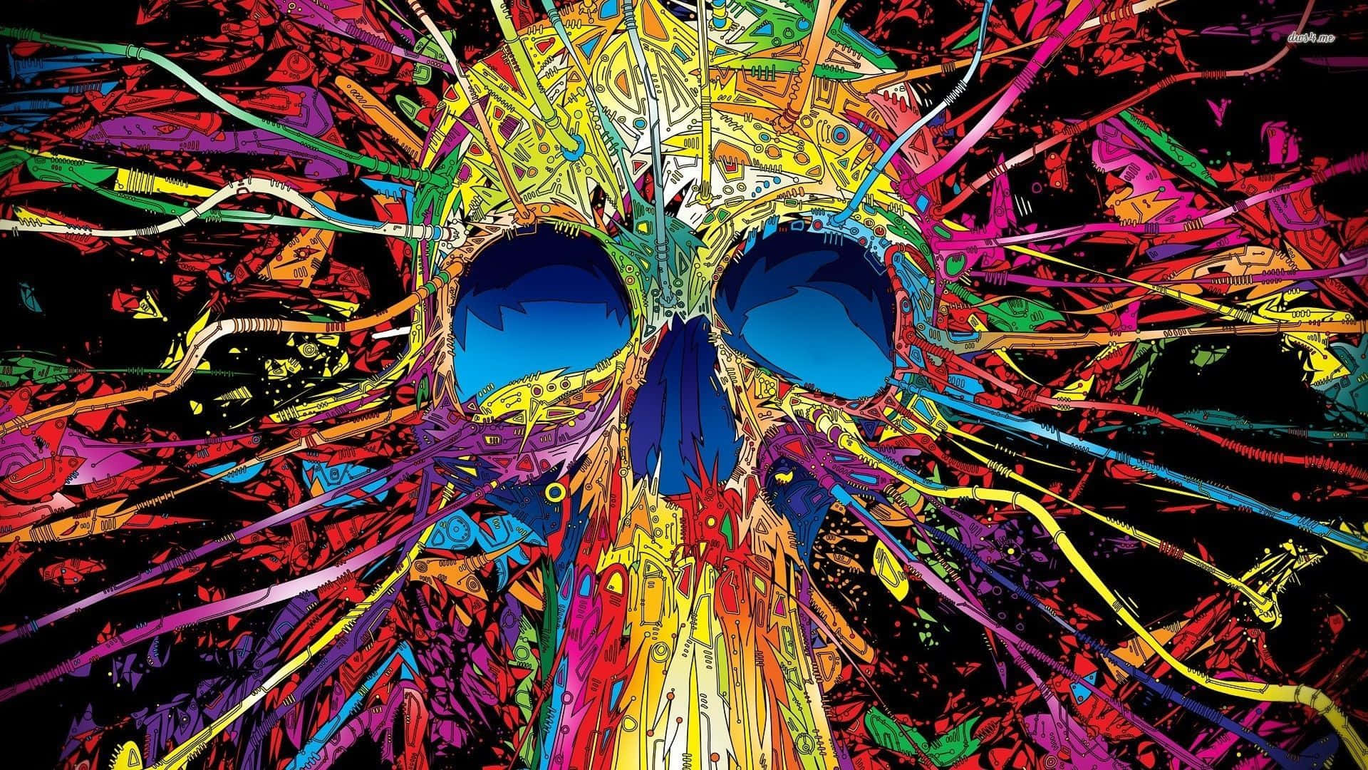 girly skull, electric blue eye sockets, chaotic multicolored wires, Full HD Desktop Wallpaper
