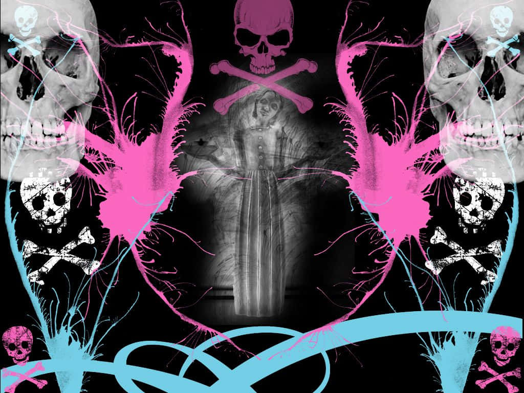 Girly Skull, pink, cyan, SD Desktop Wallpaper