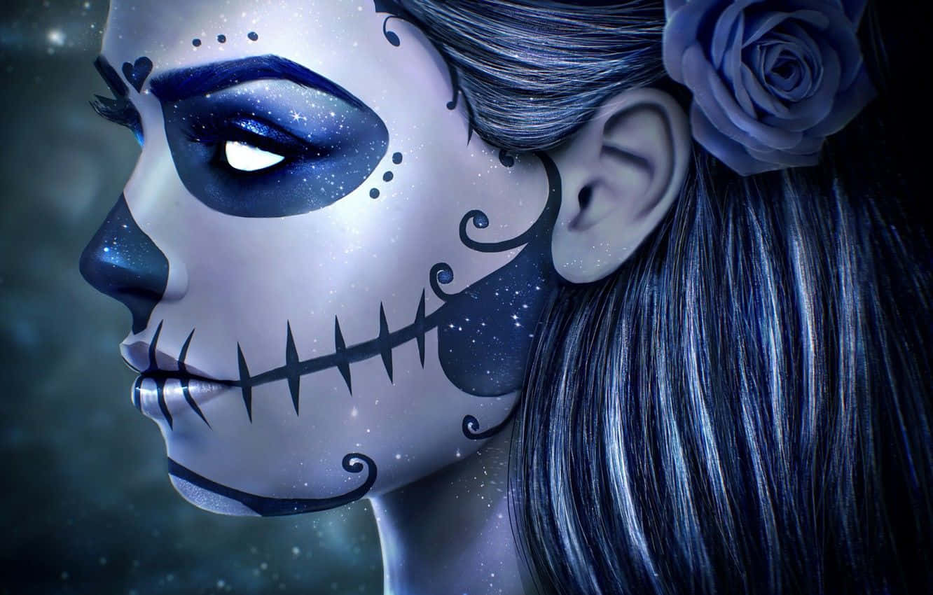 Girly Skull, sugar skull makeup, blue rose, HD Desktop Wallpaper