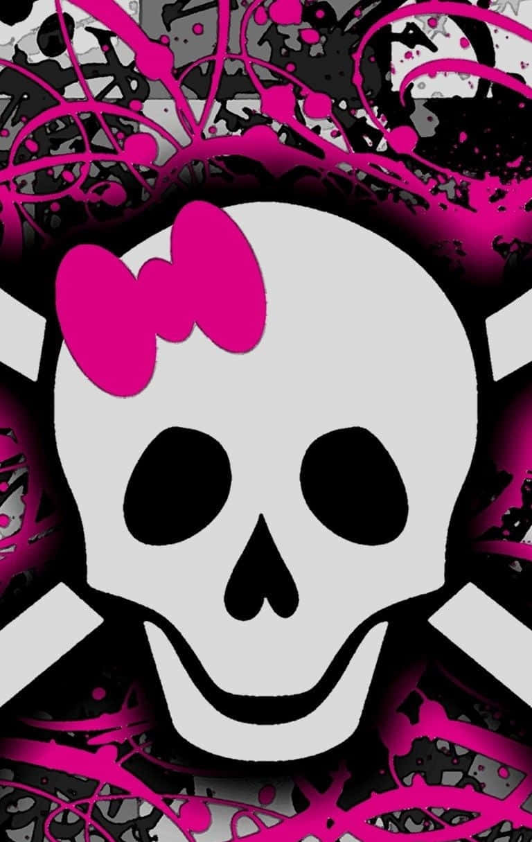 Pink Skull, bright pink bow, pink splatters, SD Phone Wallpaper
