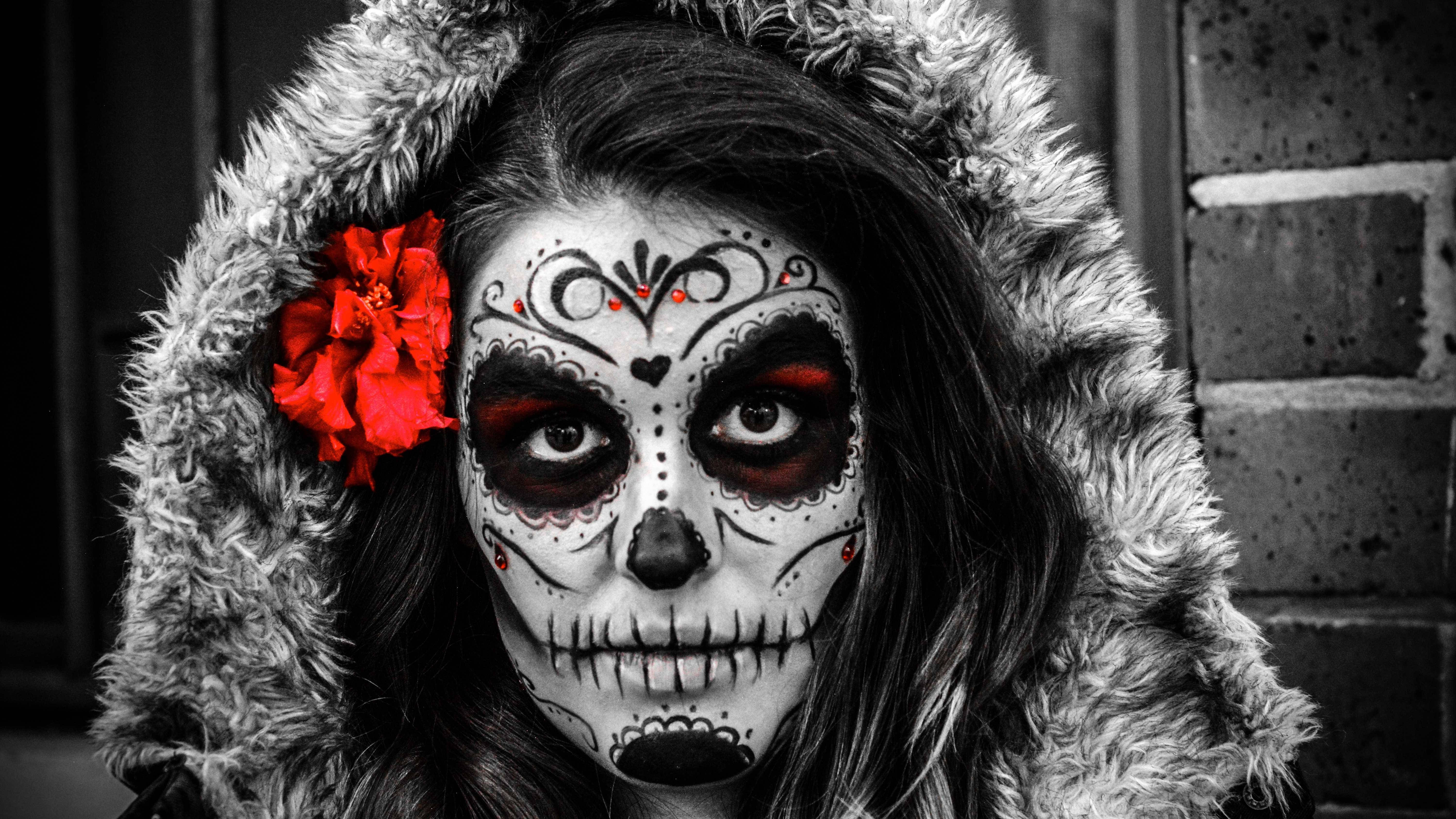 sugar skull makeup, red flower, hooded coat, 5K Desktop Wallpaper