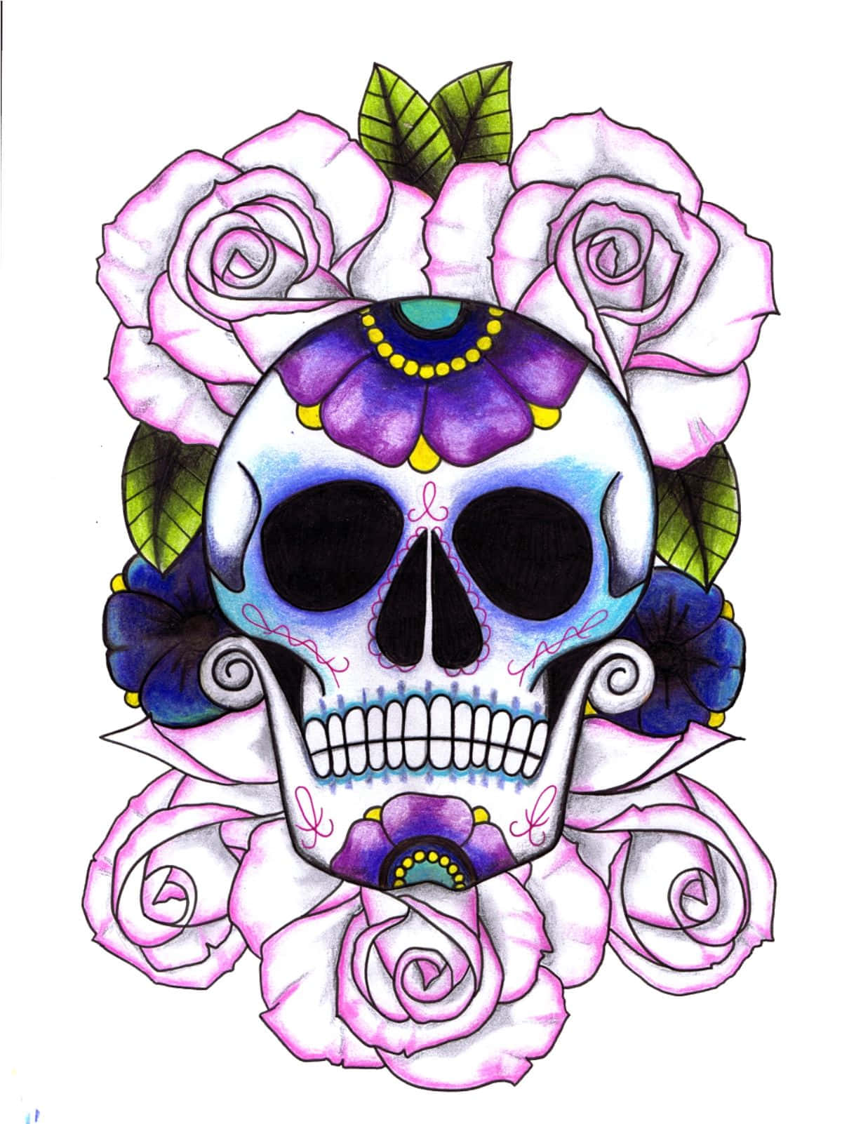 girly skull, sugar skull, purple flowers, HD Phone Wallpaper