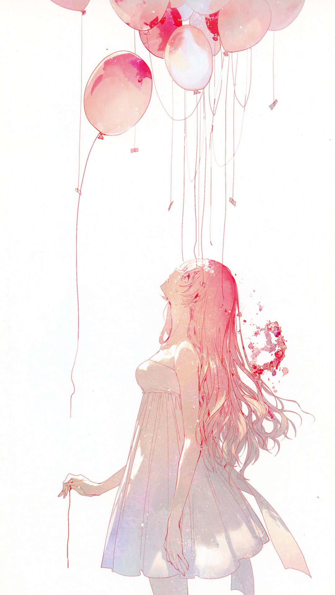 pink anime balloon, girl with long pink hair, floating pink balloons, Full HD Phone Wallpaper